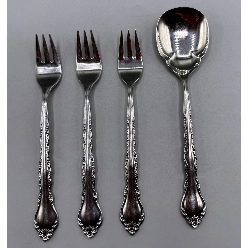 International Silver Gigi Stainless Deluxe 3 Cocktail Forks 1 Sugar Spoon 4pc